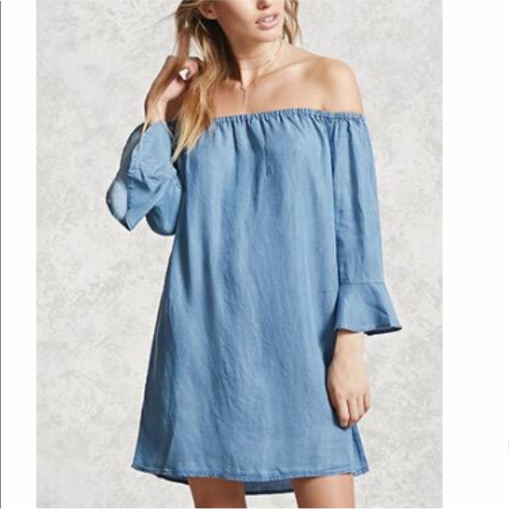 Forever 21+ Off-Shoulder Chambray Dress | Light Wash Denim Look | Size 1X | NWT - Picture 14 of 16